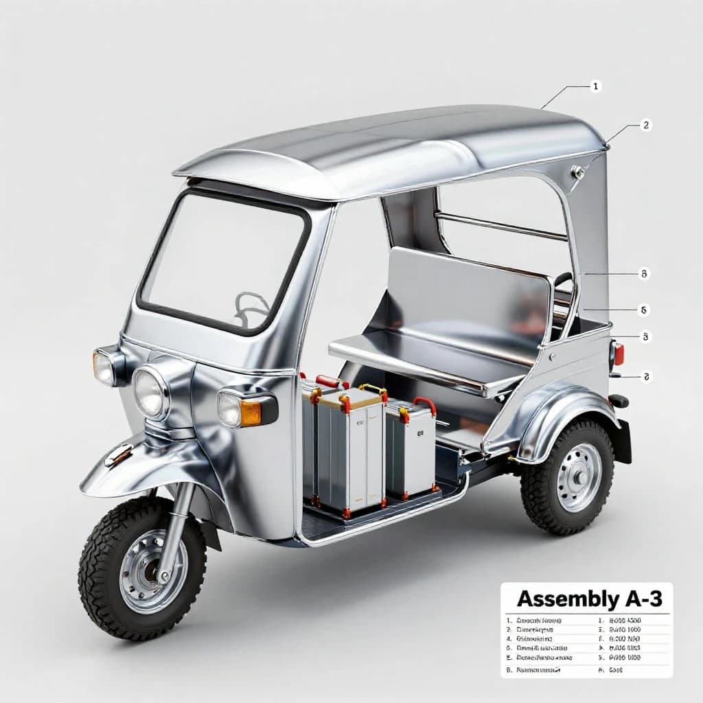 Exploded axonometric of an electric tuk-tuk, every part rendered in polished liquid chrome against a flat pale grey background, parts floating apart along thin leader lines. One front wheel below the fork, two rear wheels off the axle, two battery modules sliding out from under the bench seat with the left module taller than the right, four grab handles above the roof frame, one canopy panel on top. Numbered callouts one through seven with a parts list down the right edge and a title block reading "Assembly A-3".