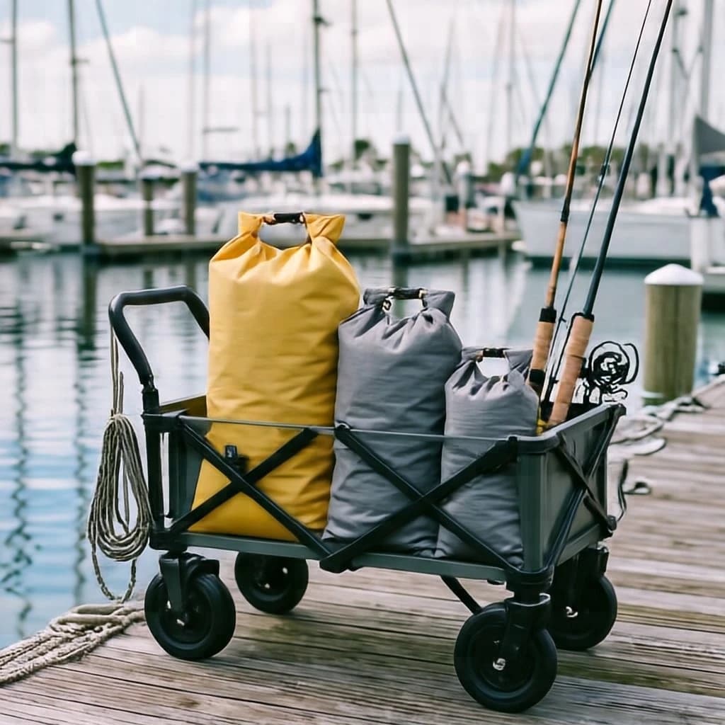 Lifestyle listing photo on a marina dock: a folding dock cart holding three dry bags, the largest yellow and the two smaller ones grey, two fishing rods leaning against the handle, and one coiled dock line hanging from the front rail. Masts blurred behind.