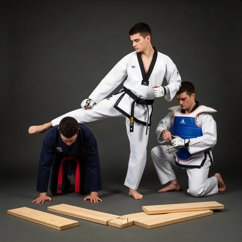 Studio photography, stunt and costume reference on a seamless charcoal backdrop, one hard key from camera left. Three taekwondo athletes in a tight diagonal: the tallest, in a white uniform with a black belt, holds a side kick frozen at chest height; the shortest, in navy with a red belt, ducks under it with both palms flat on the floor; the third kneels behind them fastening a blue chest guard onto a folded uniform. Two snapped pine boards lie at the front edge of the frame, a third board still whole in a holder's gloved hands.