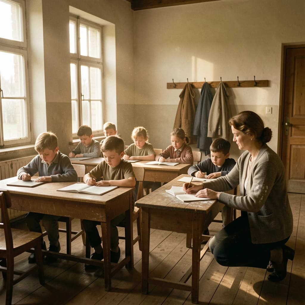 Documentary photograph inside a 1961 rural schoolhouse, late afternoon sun through tall windows. Twelve pupils at six shared wooden desks, two to a desk: the four in the window row copy from slates, the four in the middle row have open exercise books, the four along the back wall are turned around watching. The teacher, a woman in a grey cardigan with chalk dust on her sleeve, kneels beside the desk nearest the door, one hand steadying a boy's pencil. Four wall hooks behind her hold three coats, the middle hook bare. Warm dust in the light, fine grain, nobody posing.