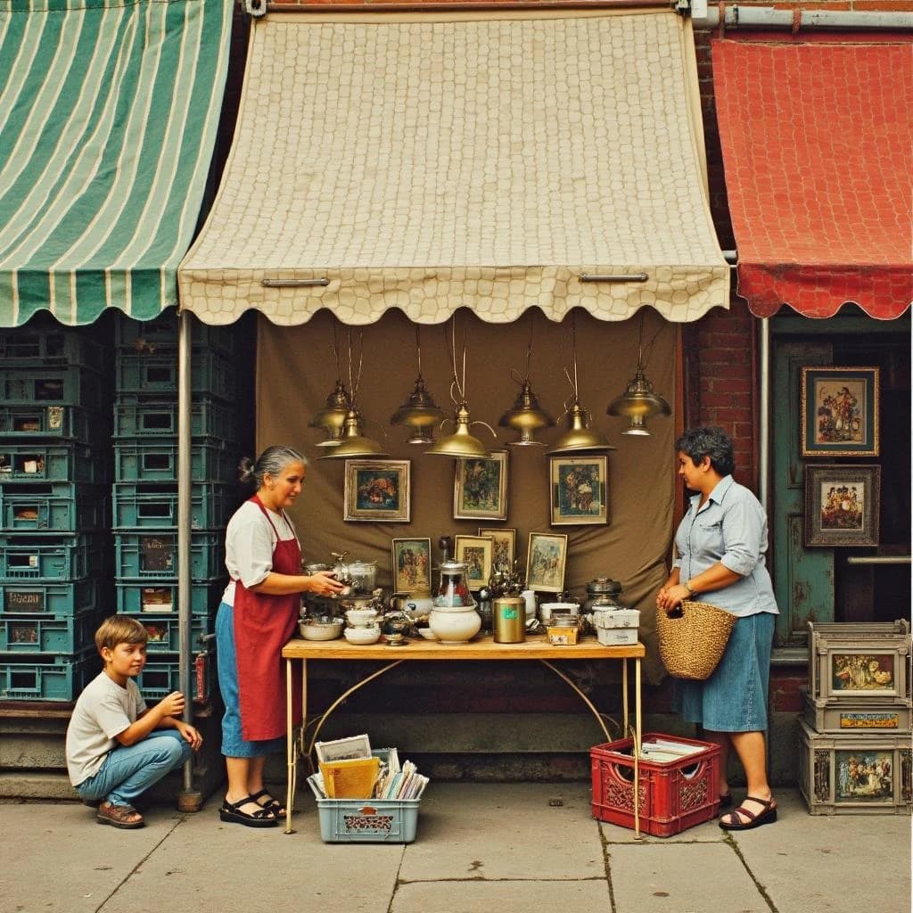 Glass tile mosaic of a Sunday flea market seen from a slightly raised angle, small square tesserae and warm terracotta grout. Three stall awnings in a row: the left one striped green and white over stacked vinyl crates, the middle plain canvas over six brass lamps with only the two tallest wearing shades, the right red awning hung with nine framed pictures in three rows of three. Under the middle awning a vendor in an apron hands a teapot across the table to a woman holding a straw basket, while a boy crouches at her feet by a crate of records. No lettering anywhere.