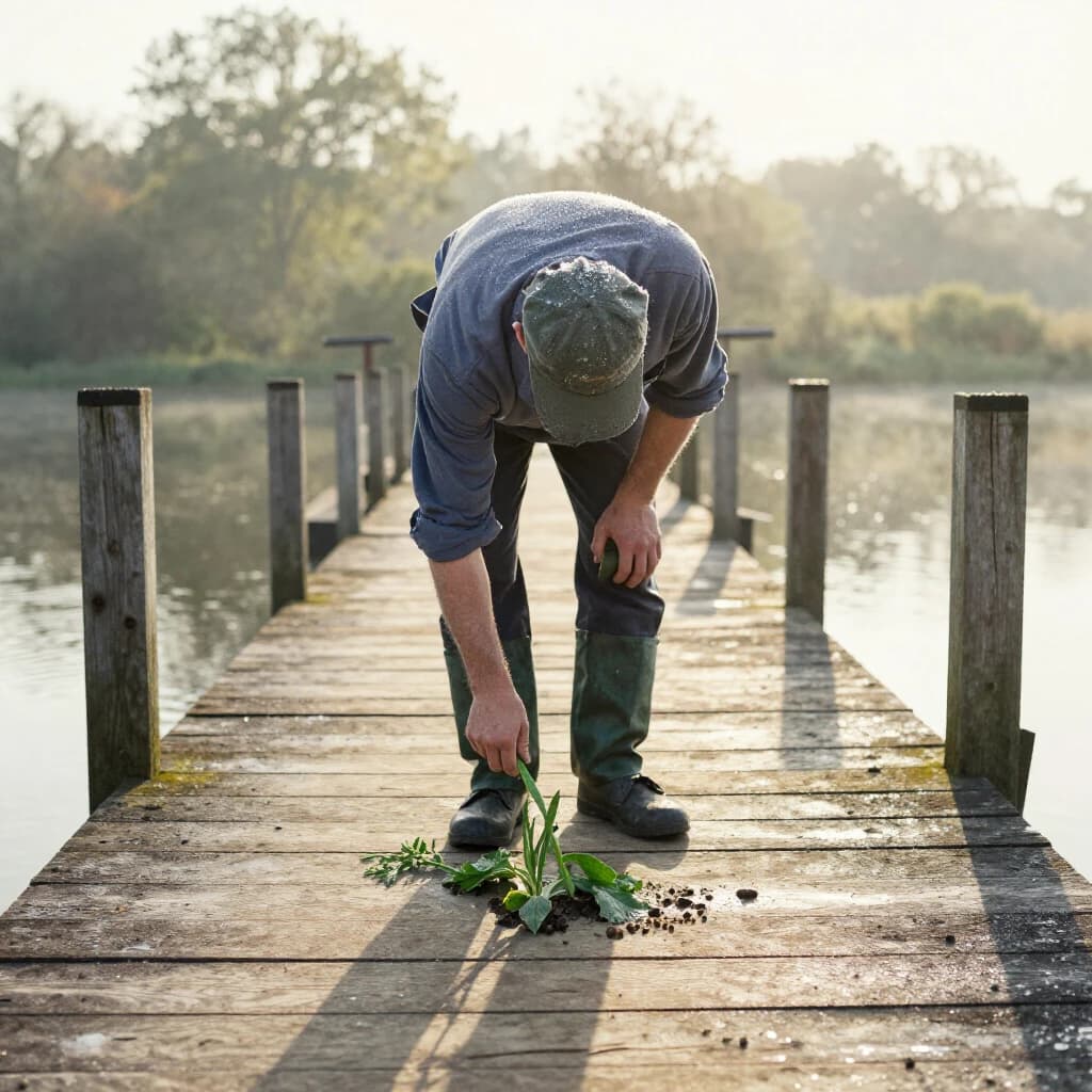 A gardener covered in morning dew on a wooden pier, in dappled afternoon light, low-angle view, watercolor style.