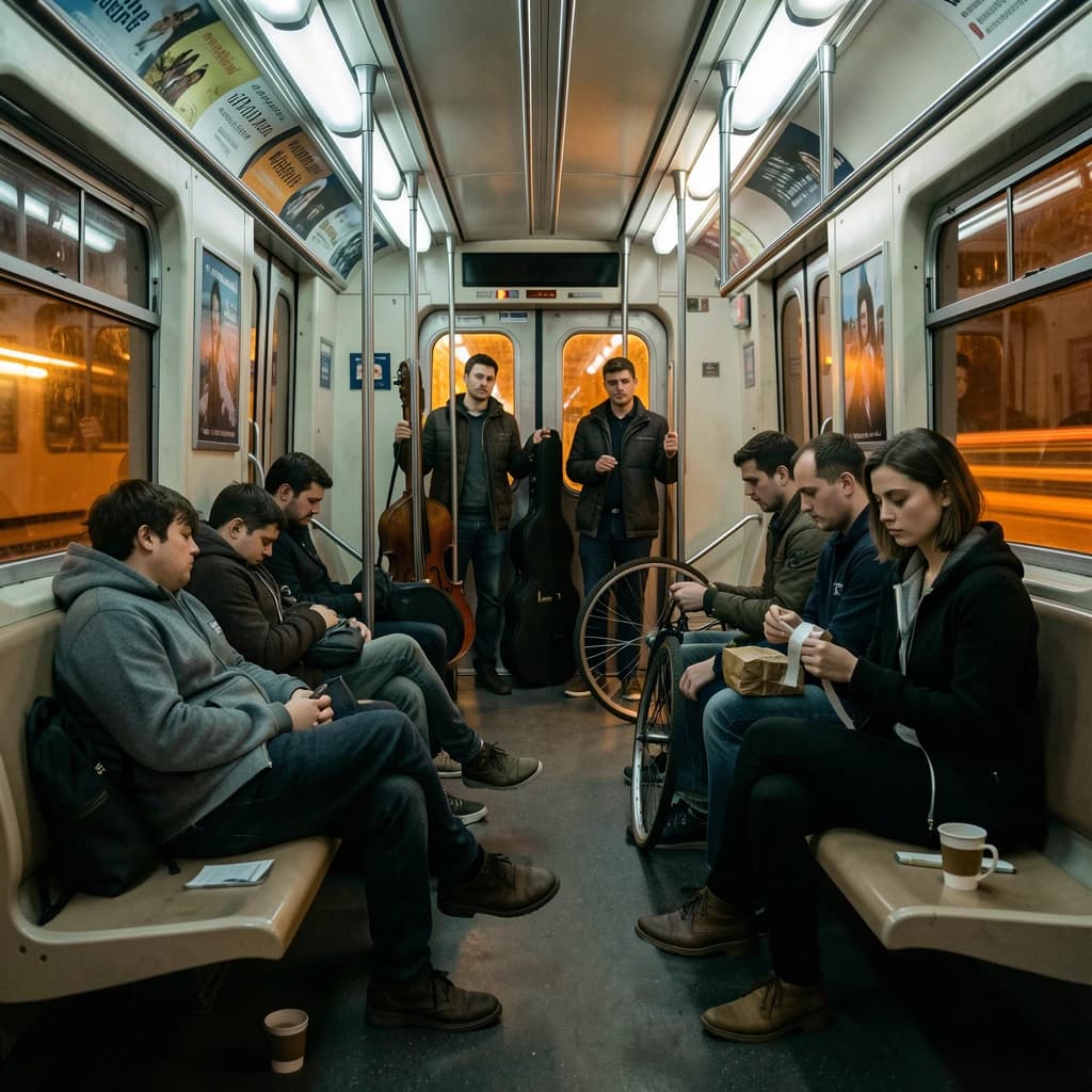 Cinematic photograph inside a late night subway car, handheld, lit only by flickering ceiling strips and orange platform light sliding past the windows. Nine passengers down the car: the three on the left bench all sleep with heads tipped at different angles, the four on the right bench are awake, one folding a paper bag, one holding a bike wheel upright between his knees, one wrapping her own wrist in tape, one staring straight into the lens. Two more stand at the far doors gripping the same pole with a violin case wedged between them. An empty seat beside the nearest sleeper, a coffee cup rolling under it.