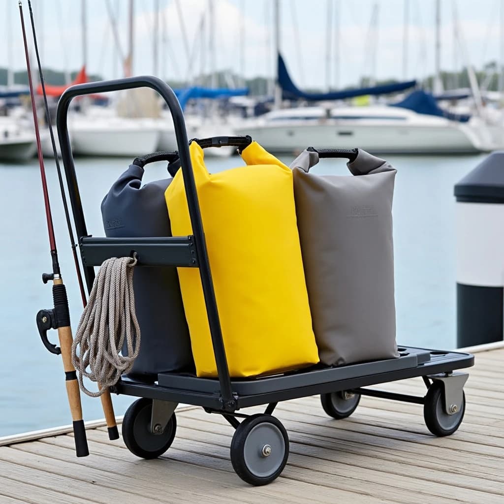 Lifestyle listing photo on a marina dock: a folding dock cart holding three dry bags, the largest yellow and the two smaller ones grey, two fishing rods leaning against the handle, and one coiled dock line hanging from the front rail. Masts blurred behind.