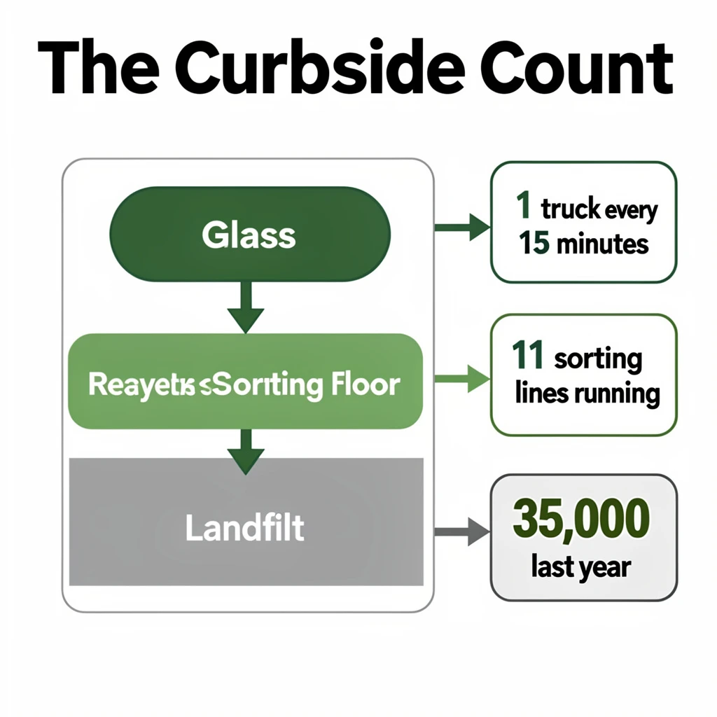 Printed poster titled "The Curbside Count": at the center a flow chart from curb to sorting floor, carrying two keyed regions, "Glass" shaded green and "Landfill" shaded gray, beside a right column of three stat chips reading "1 truck every 15 minutes", "11 sorting lines running" and "35,000 tons collected last year".