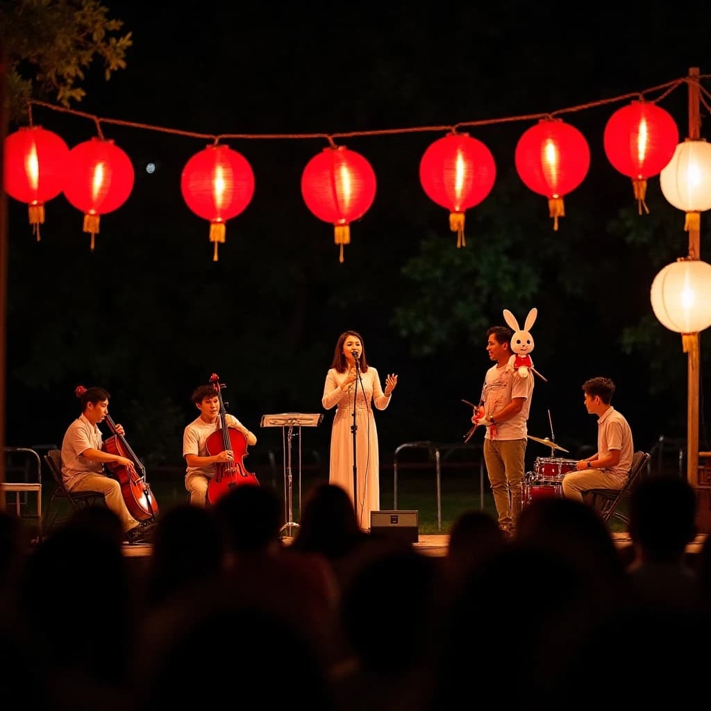 Concert photography, a Mid-Autumn Festival night in a Hong Kong park, shot from inside the crowd toward a low stage lit by warm floods. A singer at the centre microphone holds a note with both hands off the stand; on her left two erhu players sit side by side, on her right a single drummer stands. Eleven paper lanterns hang above the stage, the seven red ones strung in a line and the four white ones clustered at the right end. In the near foreground, out of focus, a child on a father's shoulders holds a rabbit lantern.