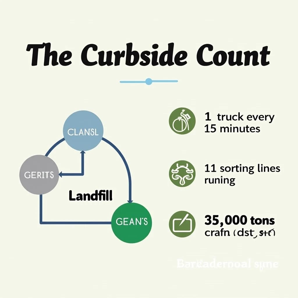 Printed poster titled "The Curbside Count": at the center a flow chart from curb to sorting floor, carrying two keyed regions, "Glass" shaded green and "Landfill" shaded gray, beside a right column of three stat chips reading "1 truck every 15 minutes", "11 sorting lines running" and "35,000 tons collected last year".