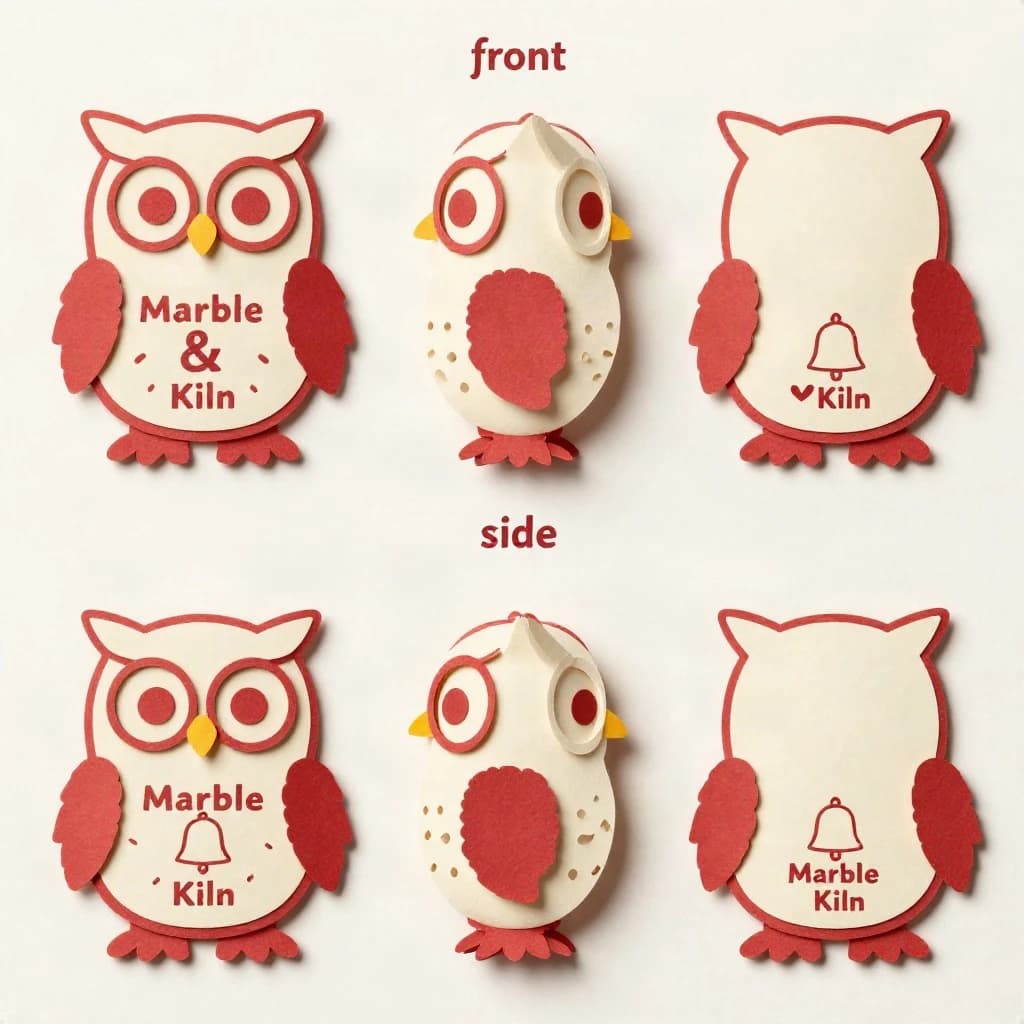 Cut-paper collage of the same bookstore owl mascot drawn in three views, captioned "front", "side" and "back", every view carrying the wordmark "Marble & Kiln" with a small bell outline beside it in the same red-and-cream coloring, only the angle changing.