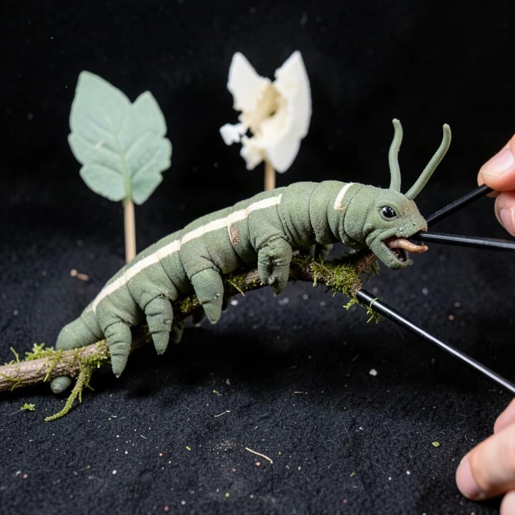 Macro photography of a practical effects test on a soundstage floor. A metre-long animatronic caterpillar puppet, dull green with a cream stripe, arched over a moss-covered branch: eight pairs of stubby legs, the front three pairs gripping the branch, the rest hanging free. Two thin black rods run out of frame to the right where a puppeteer's hands are just visible, and a third rod supports the head, which is turned toward camera with its mandibles open. Behind it, three sprayed foam leaves on stands, the middle one already chewed through. Hard key from above, black felt background, dust in the air.