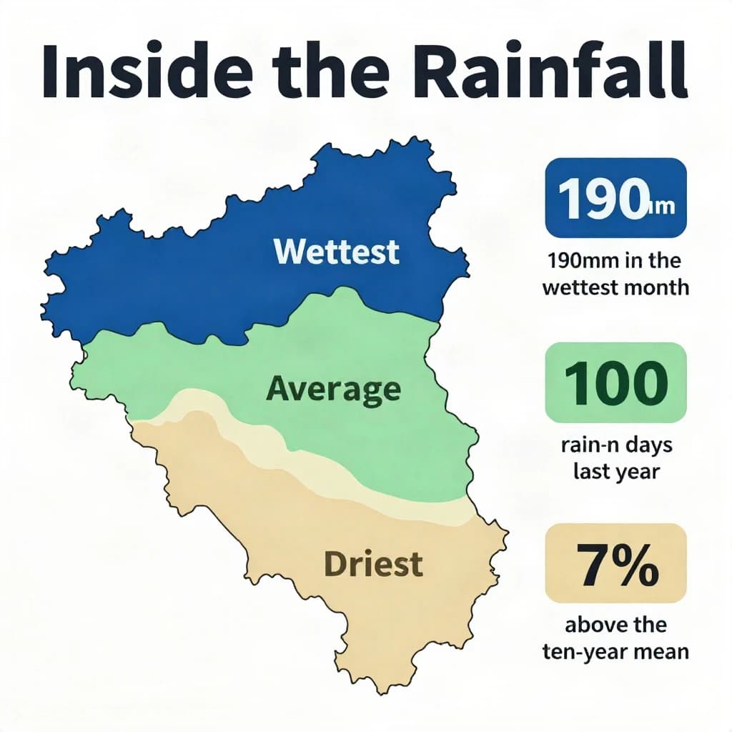 Printed poster titled "Inside the Rainfall". A simplified regional map with shaded bands sits at the center, carrying three keyed regions, "Wettest" shaded dark blue, "Average" shaded pale green and "Driest" shaded sand. Three stat chips run down a right column, reading "190mm in the wettest month", "100 rain days last year" and "7% above the ten-year mean". Each key color matches the shading of the region it names.