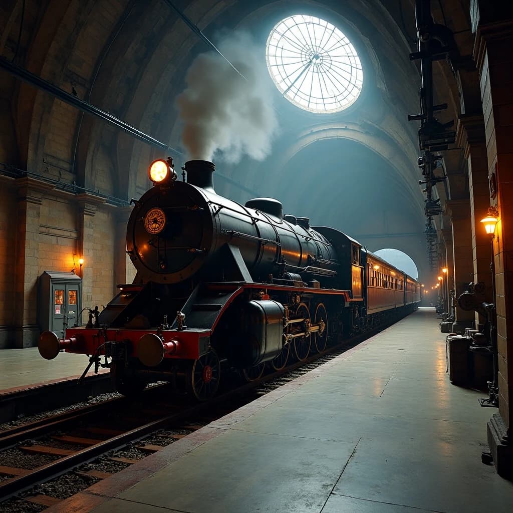 85mm f/2.8 full-length framing of a steam locomotive inside an observatory dome, side-lit, soft falloff at the edges, medium-format look