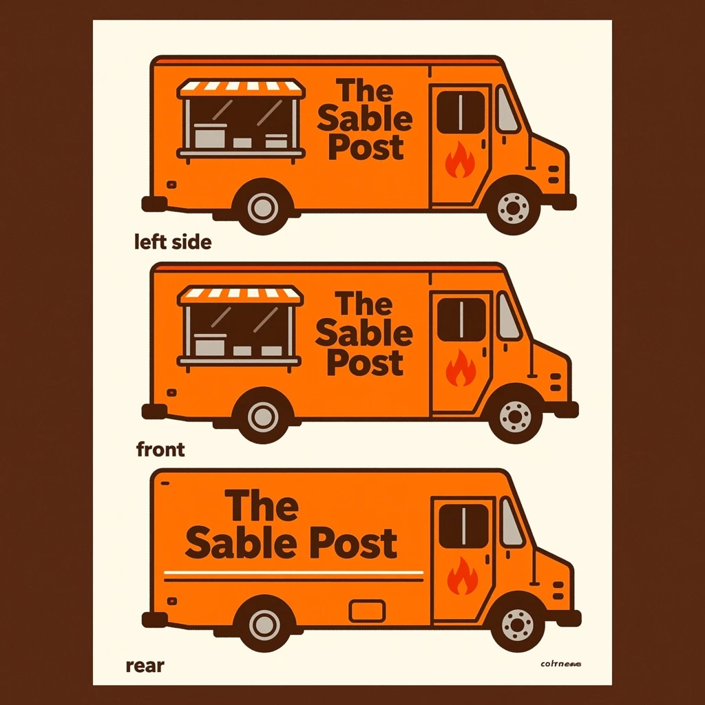 Printed poster: one food truck in three sides. The sides are captioned "left side", "front" and "rear" in that order. The wordmark "The Sable Post" appears on every side with a small flame icon beside it. The orange-and-brown coloring is the same across every side, and only the side changes.
