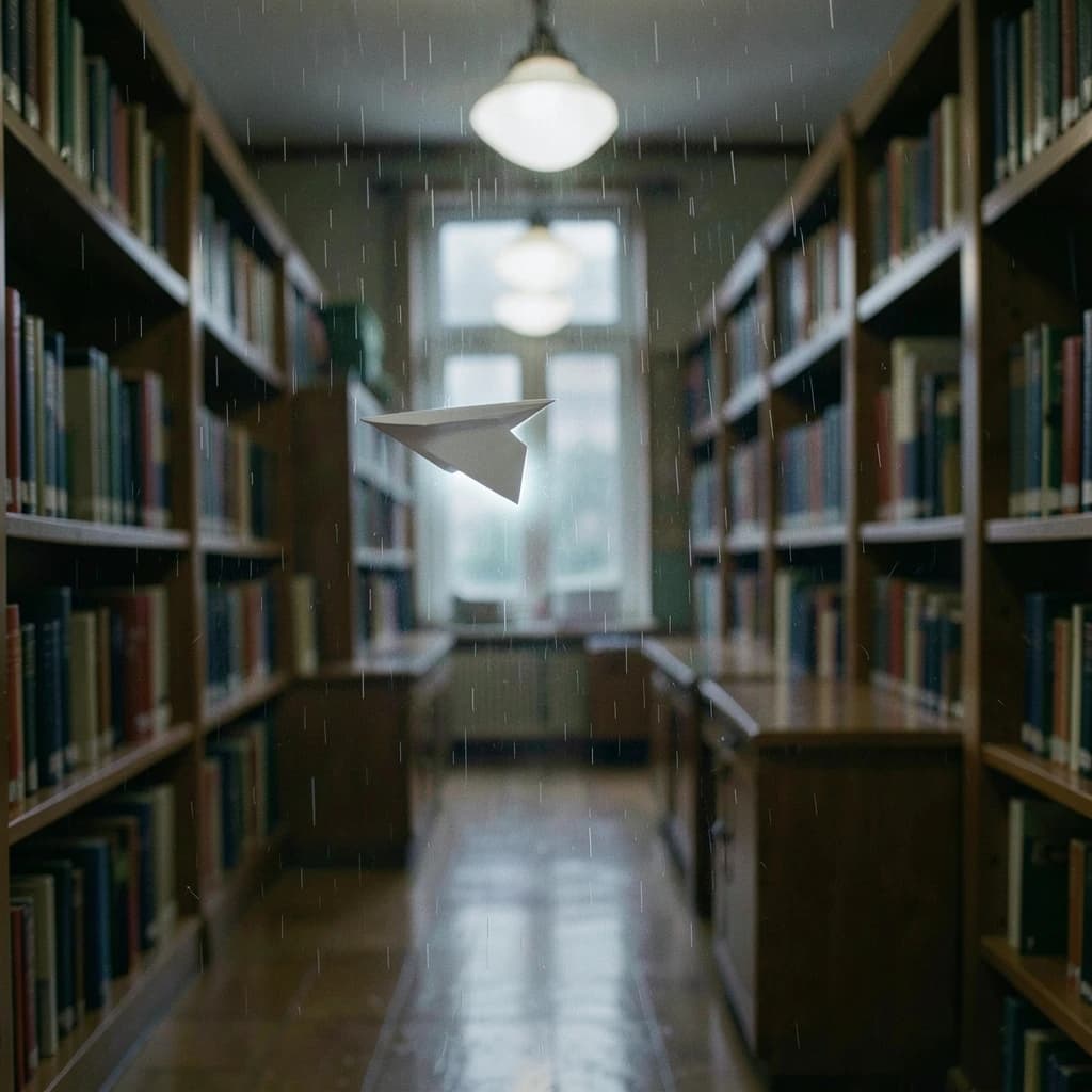 The quiet second when a paper airplane picks up a soft edge highlight, in a quiet library, after a light rain shower.