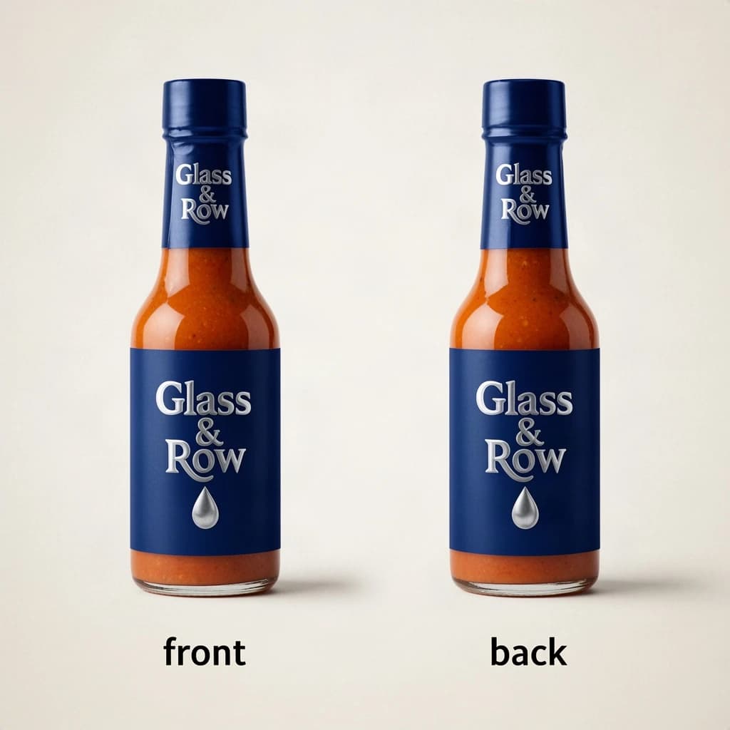 Printed poster of the same hot-sauce bottle drawn in two views, captioned "front" and "back", every view carrying the wordmark "Glass & Row" with a single droplet symbol beside it in the same blue-and-silver coloring, only the angle changing.
