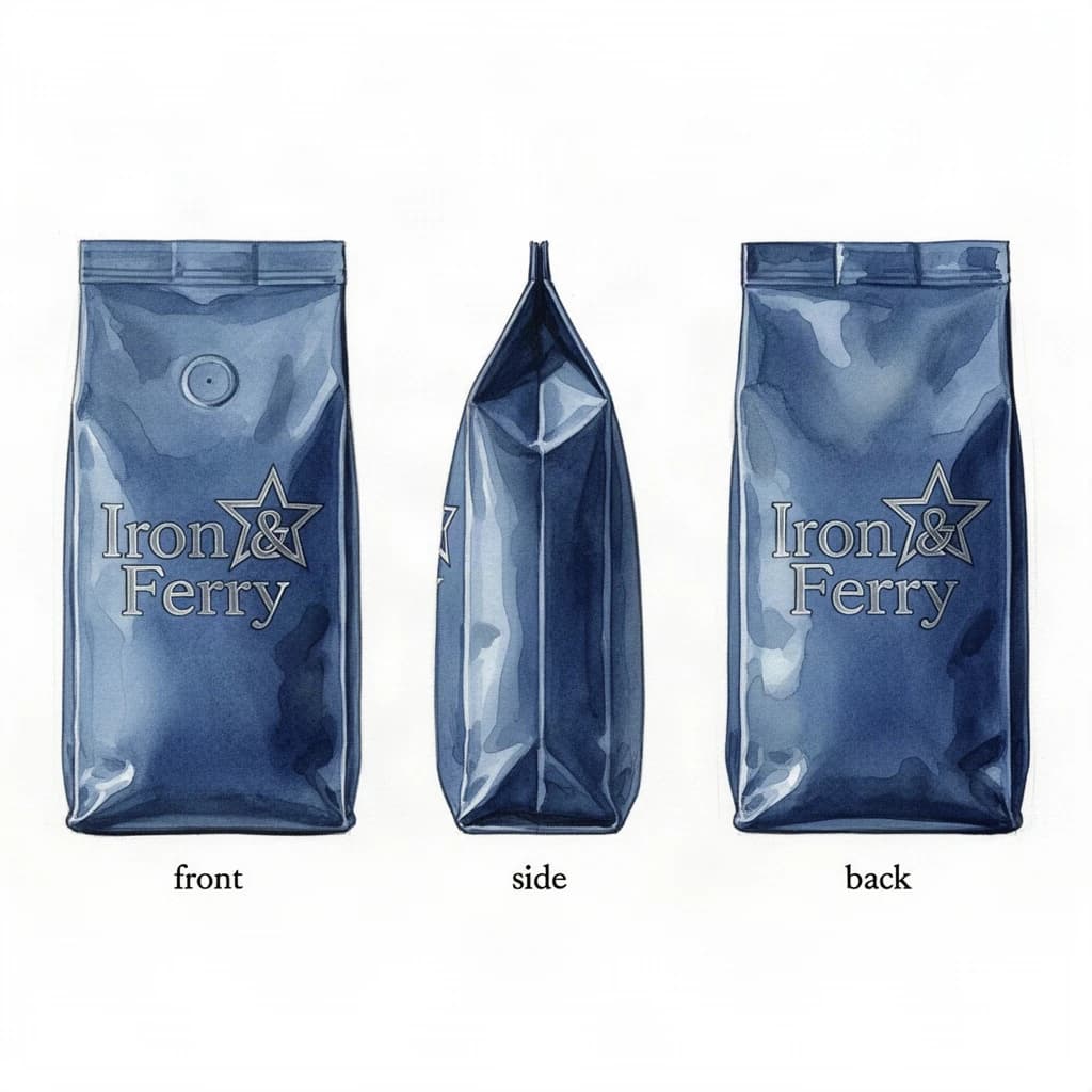 Watercolor of the same coffee bag drawn in three views, captioned "front", "side" and "back", every view carrying the wordmark "Iron & Ferry" with a five-point star outline beside it in the same blue-and-silver coloring, only the angle changing.