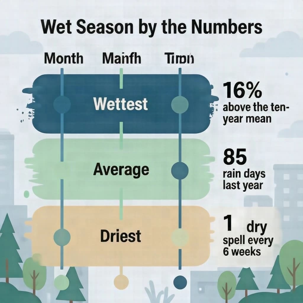 Flat vector illustration titled "Wet Season by the Numbers". A twelve-month rainfall timeline sits at the center, carrying three keyed regions, "Wettest" shaded dark blue, "Average" shaded pale green and "Driest" shaded sand. Three stat chips run down a right column, reading "16% above the ten-year mean", "85 rain days last year" and "1 dry spell every 6 weeks". Each key color matches the shading of the region it names.