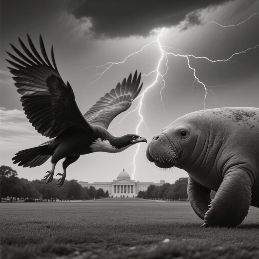 Manatee and Thunderbird in Washington, D.C., United States in the style of black and white