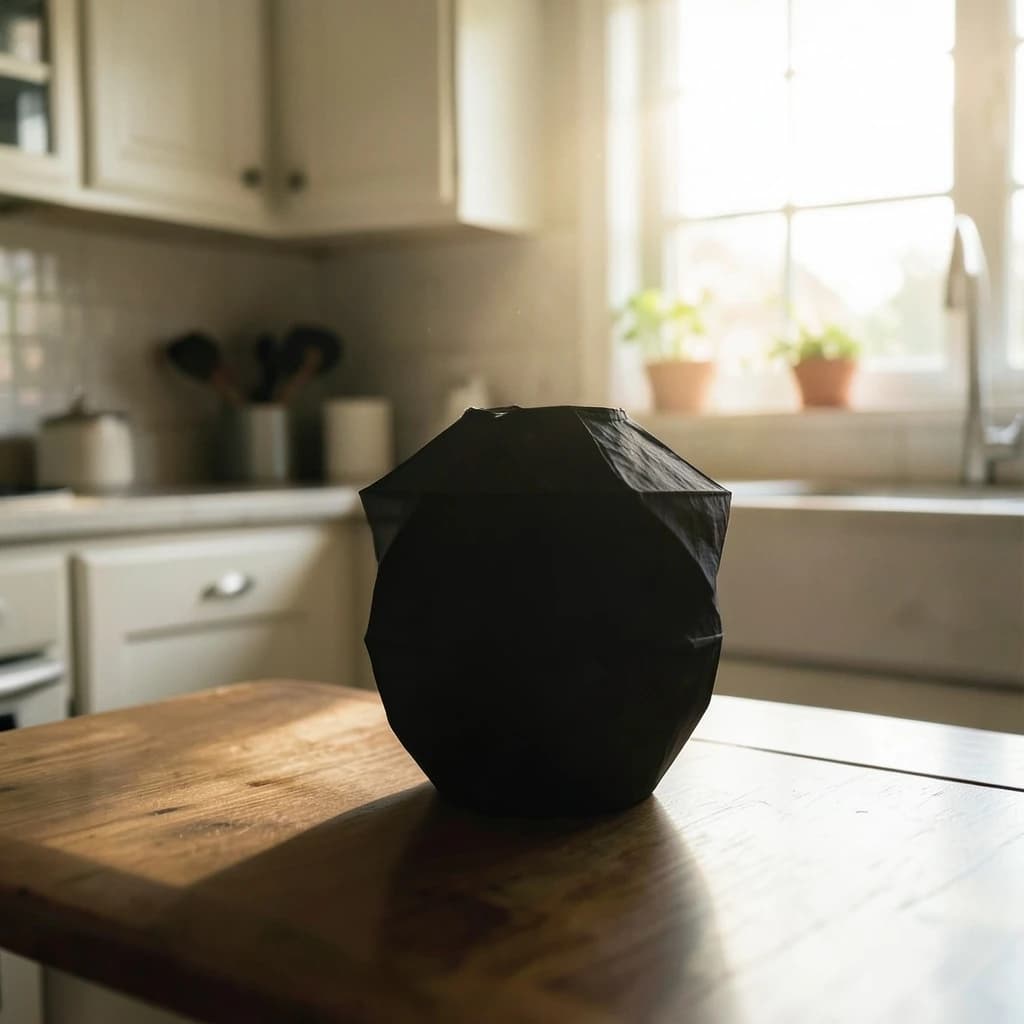 The still point when a paper lantern reads as a single dark silhouette, in a sunlit kitchen, under soft morning light.