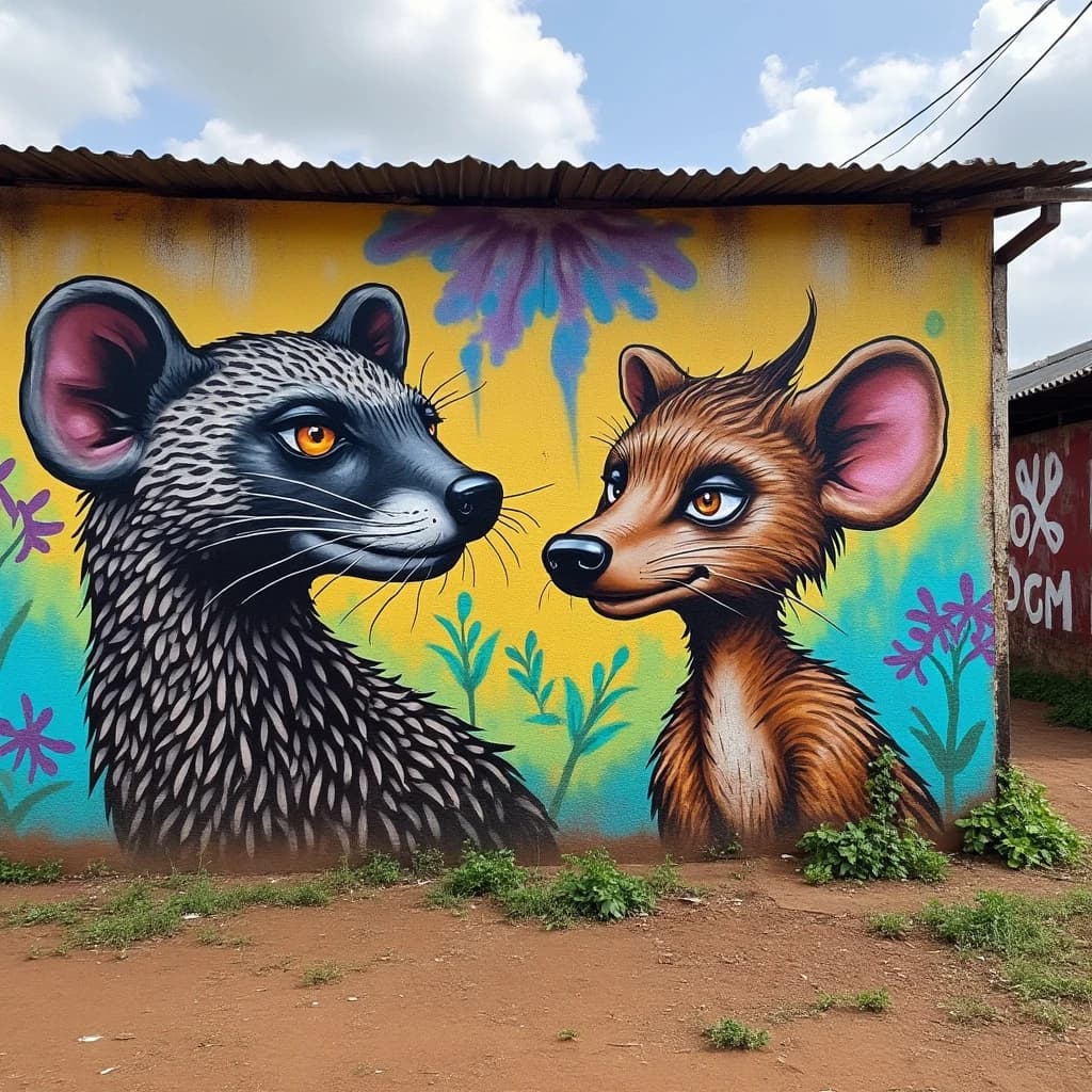 Civet and Aardvark in Yamoussoukro, Côte d'Ivoire in the style of graffiti