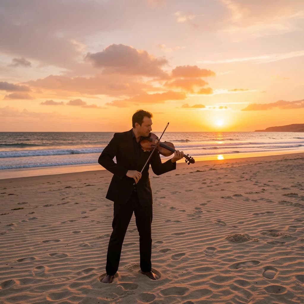 still violinist on open sand, sunset