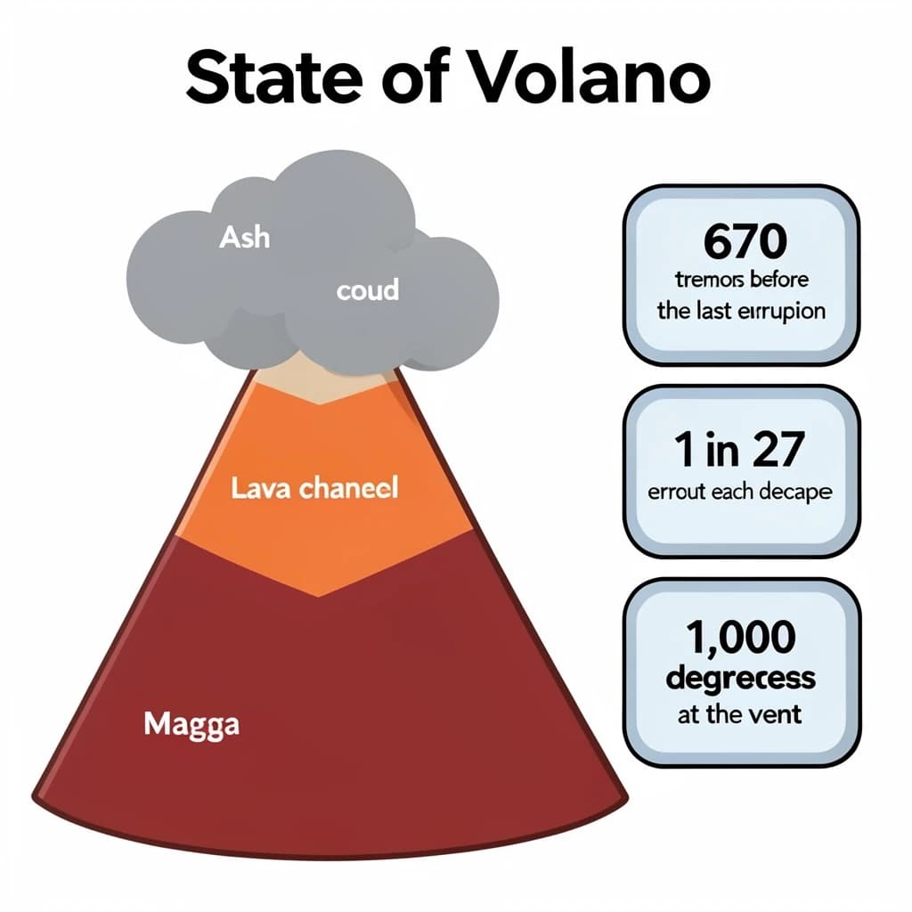 Flat vector illustration titled "State of Volcano": at the center a cutaway cone, carrying three keyed regions, "Lava channel" shaded red, "Ash cloud" shaded gray and "Magma chamber" shaded orange, beside a right column of three stat chips reading "670 tremors before the last eruption", "1 in 27 erupt each decade" and "1,000 degrees at the vent".