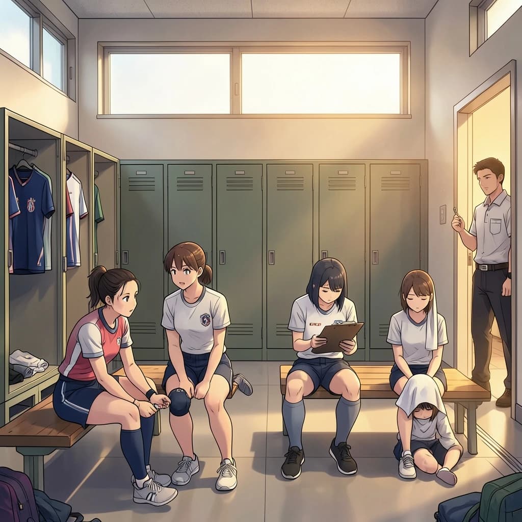 Modern anime interior for a high school volleyball series, wide view down a team locker room after practice. Eight lockers along the back wall in two banks of four, the three on the far left hanging open with jerseys spilling out and the rest shut. Four players occupy the foreground bench: the setter re-taping two fingers, the libero pulling on a knee sleeve, the captain reading a clipboard, and a first year asleep sitting upright with a towel over his face. A coach stands in the right doorway holding a whistle, half in shadow. Warm late-sun bars fall through high frosted windows, cel shading, clean bold linework.