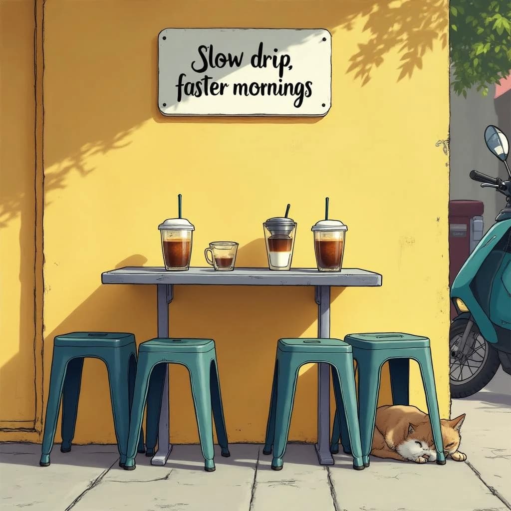 A frame from a hand drawn animated cel, inked outlines and flat gouache paint, warm morning light: a street cafe with four low plastic stools around a metal table. Three glasses of Vietnamese iced coffee sit on the table, two stirred through to caramel brown and one still black over an unmixed white layer of condensed milk. A metal phin filter drips into a fourth glass at the table edge. A cat sleeps under the stool nearest the kerb, and a scooter passes behind, cropped by the frame edge. Hand lettered sign on the wall: "Slow drip, faster mornings".