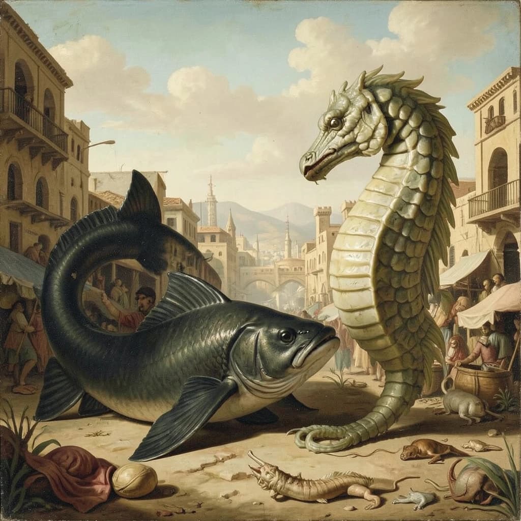 Blackfish and Sea Horse in Sanaa, Yemen in the style of neoclassical