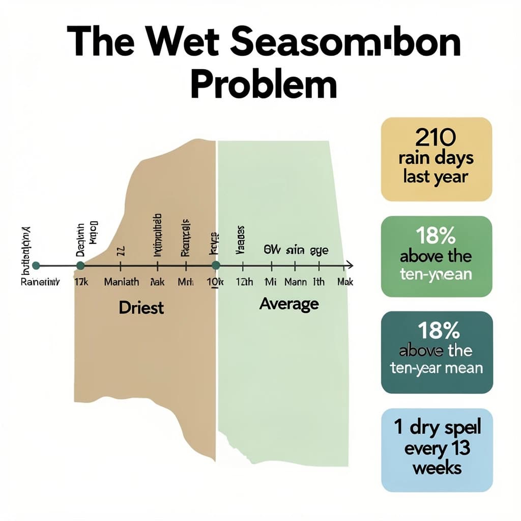 Printed poster titled "The Wet Season Problem". A twelve-month rainfall timeline sits at the center, carrying two keyed regions, "Driest" shaded sand and "Average" shaded pale green. Three stat chips run down a right column, reading "210 rain days last year", "18% above the ten-year mean" and "1 dry spell every 13 weeks". Each key color matches the shading of the region it names.