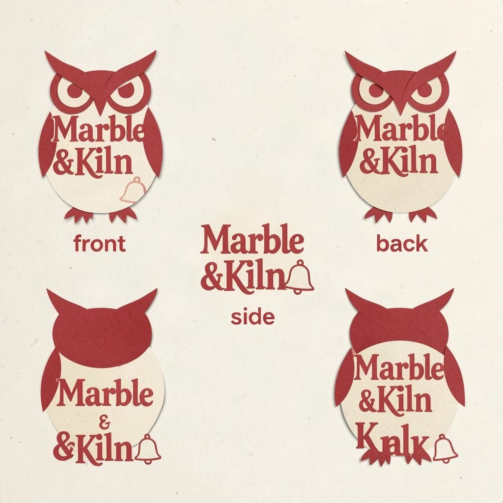Cut-paper collage of the same bookstore owl mascot drawn in three views, captioned "front", "side" and "back", every view carrying the wordmark "Marble & Kiln" with a small bell outline beside it in the same red-and-cream coloring, only the angle changing.