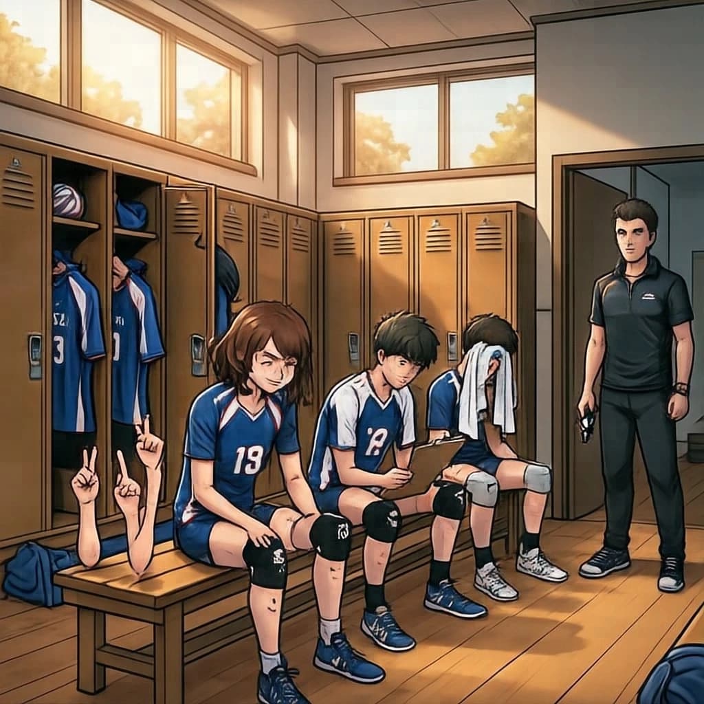 Modern anime interior for a high school volleyball series, wide view down a team locker room after practice. Eight lockers along the back wall in two banks of four, the three on the far left hanging open with jerseys spilling out and the rest shut. Four players occupy the foreground bench: the setter re-taping two fingers, the libero pulling on a knee sleeve, the captain reading a clipboard, and a first year asleep sitting upright with a towel over his face. A coach stands in the right doorway holding a whistle, half in shadow. Warm late-sun bars fall through high frosted windows, cel shading, clean bold linework.