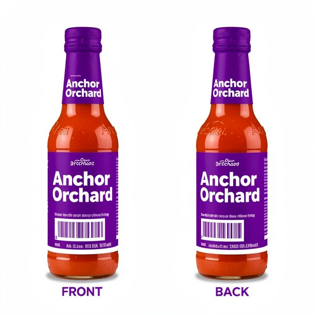 Printed poster: one hot-sauce bottle in two views. The views are captioned "front" and "back" in that order. The wordmark "Anchor Orchard" appears on every view. The purple-and-white coloring is the same across every view, and only the angle changes.