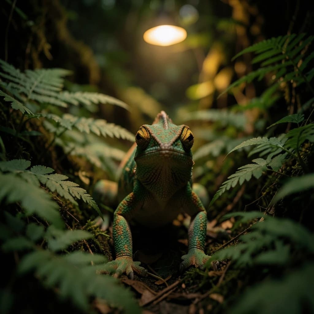 A chameleon half in shadow in a fern-filled ravine, under warm lamplight, symmetrical head-on framing, soft-focus portrait photography style.