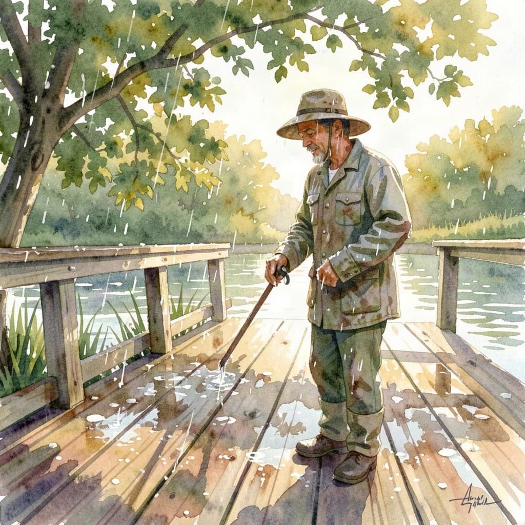 A gardener covered in morning dew on a wooden pier, in dappled afternoon light, low-angle view, watercolor style.