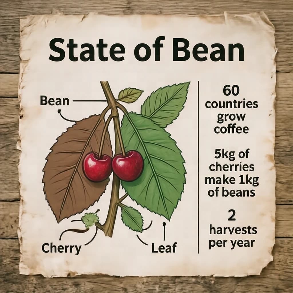 Printed poster titled "State of Bean": at the center a labeled coffee-plant diagram, carrying three keyed regions, "Bean" shaded brown, "Cherry" shaded red and "Leaf" shaded green, beside a right column of three stat chips reading "60 countries grow coffee", "5kg of cherries make 1kg of beans" and "2 harvests per year".