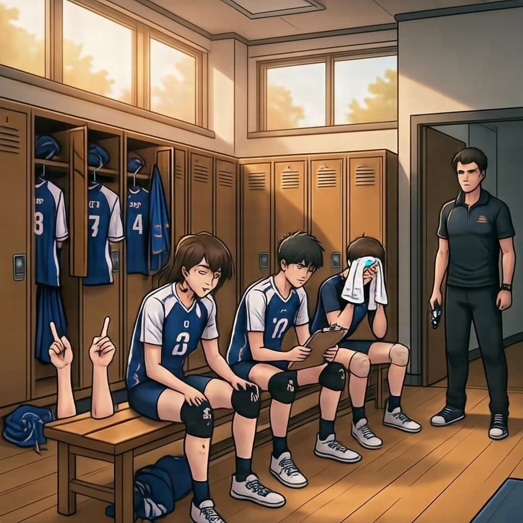 Modern anime interior for a high school volleyball series, wide view down a team locker room after practice. Eight lockers along the back wall in two banks of four, the three on the far left hanging open with jerseys spilling out and the rest shut. Four players occupy the foreground bench: the setter re-taping two fingers, the libero pulling on a knee sleeve, the captain reading a clipboard, and a first year asleep sitting upright with a towel over his face. A coach stands in the right doorway holding a whistle, half in shadow. Warm late-sun bars fall through high frosted windows, cel shading, clean bold linework.
