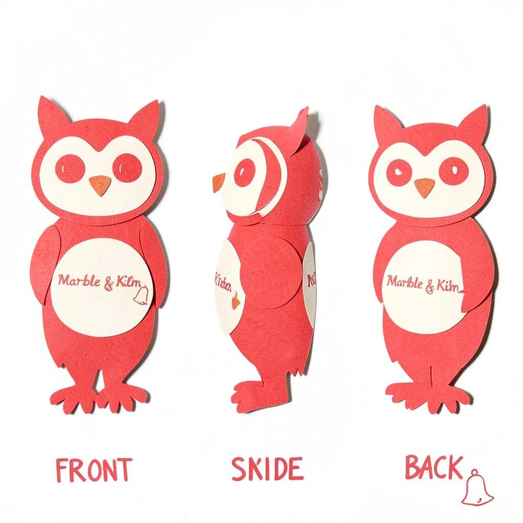 Cut-paper collage of the same bookstore owl mascot drawn in three views, captioned "front", "side" and "back", every view carrying the wordmark "Marble & Kiln" with a small bell outline beside it in the same red-and-cream coloring, only the angle changing.
