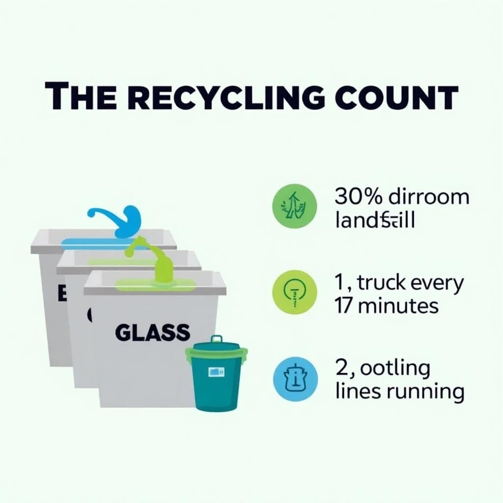 Printed poster titled "The Recycling Count". Three sorting bins with arrows to their destinations sits at the center, carrying two keyed regions, "Glass" shaded green and "Paper" shaded blue. Three stat chips run down a right column, reading "30% diverted from landfill", "1 truck every 17 minutes" and "2 sorting lines running". Each key color matches the shading of the region it names.
