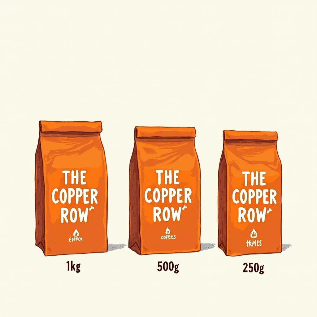 Linocut print: one coffee bag in three sizes. The sizes are captioned "1kg", "500g" and "250g" in that order. The wordmark "The Copper Row" appears on every size with a single droplet symbol beside it. The orange-and-brown coloring is the same across every size, and only the bag size changes.