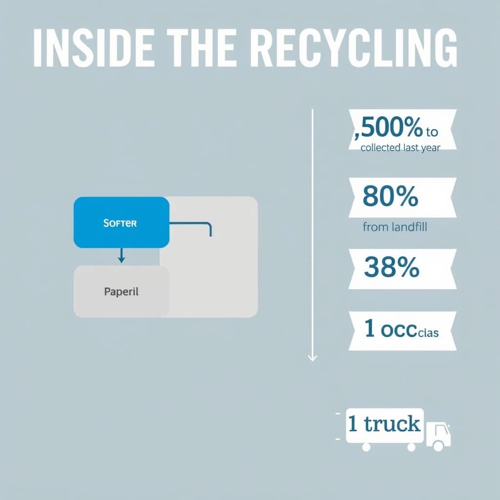 Flat infographic titled "Inside the Recycling": at the center a flow chart from curb to sorting floor, carrying two keyed regions, "Paper" shaded blue and "Landfill" shaded gray, beside a right column of three stat chips reading "7,000 tons collected last year", "58% diverted from landfill" and "1 truck every 21 minutes".
