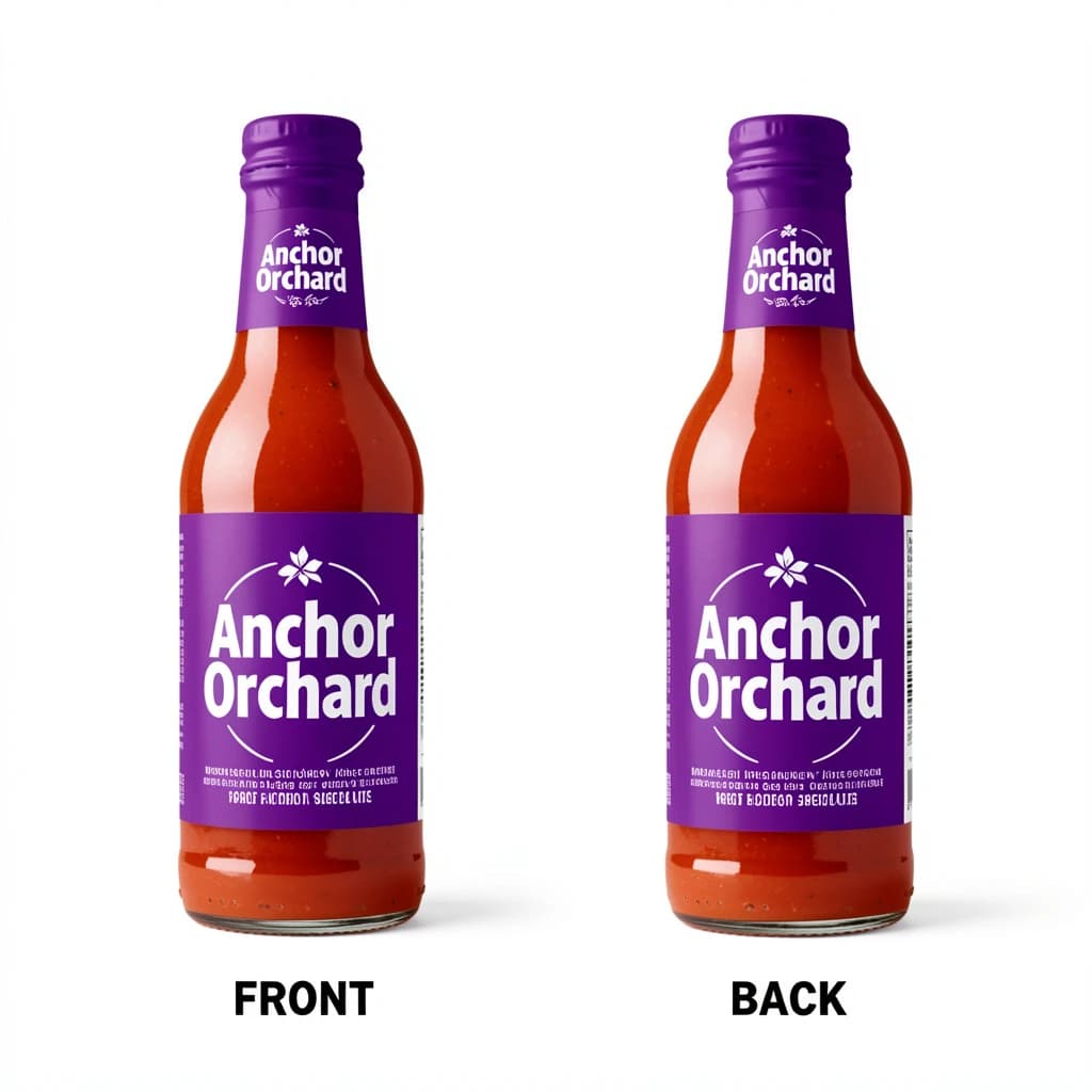 Printed poster: one hot-sauce bottle in two views. The views are captioned "front" and "back" in that order. The wordmark "Anchor Orchard" appears on every view. The purple-and-white coloring is the same across every view, and only the angle changes.
