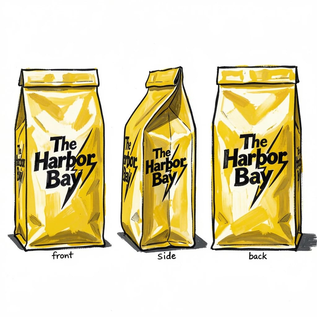 Gouache painting of the same coffee bag drawn in three views, captioned "front", "side" and "back", every view carrying the wordmark "The Harbor Bay" with a lightning-bolt symbol beside it in the same black-and-yellow coloring, only the angle changing.