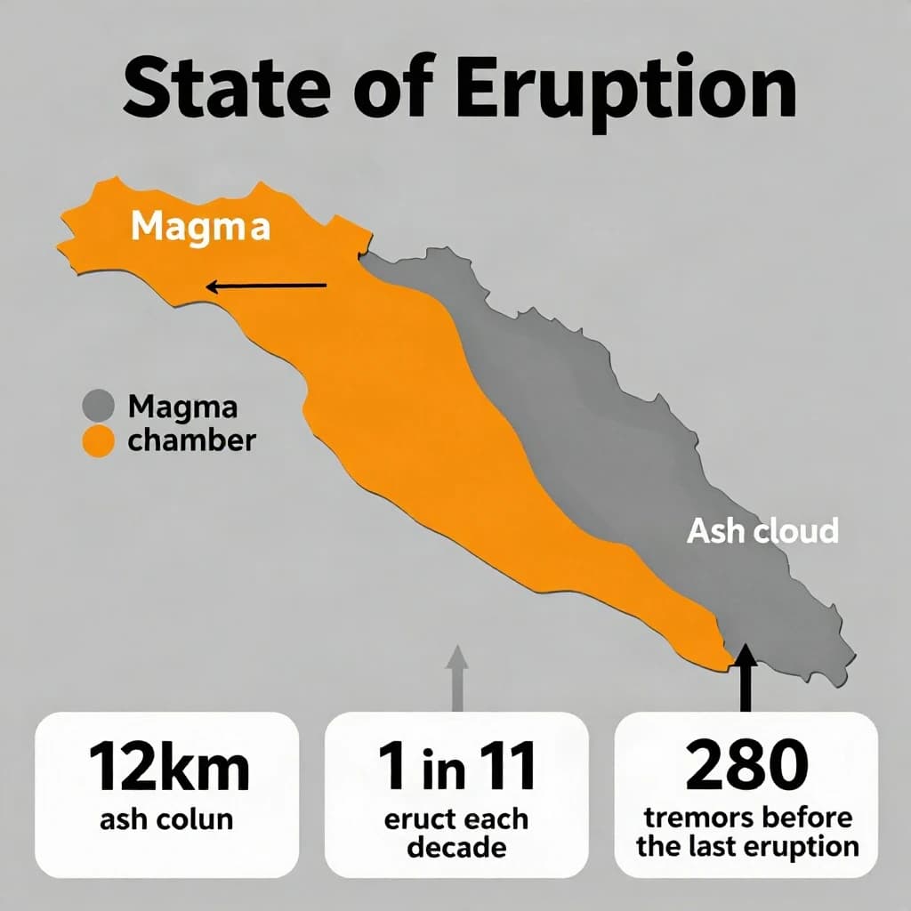 Flat infographic titled "State of Eruption". A simplified hazard map of the slopes sits at the center, carrying two keyed regions, "Magma chamber" shaded orange and "Ash cloud" shaded gray. Three stat chips run down a bottom row, reading "12km ash column", "1 in 11 erupt each decade" and "280 tremors before the last eruption". Each key color matches the shading of the region it names.