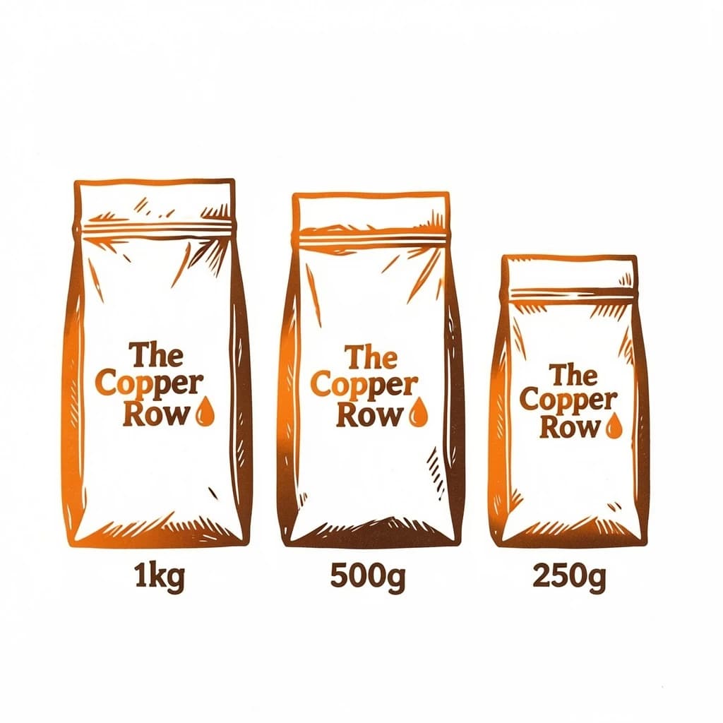 Linocut print: one coffee bag in three sizes. The sizes are captioned "1kg", "500g" and "250g" in that order. The wordmark "The Copper Row" appears on every size with a single droplet symbol beside it. The orange-and-brown coloring is the same across every size, and only the bag size changes.