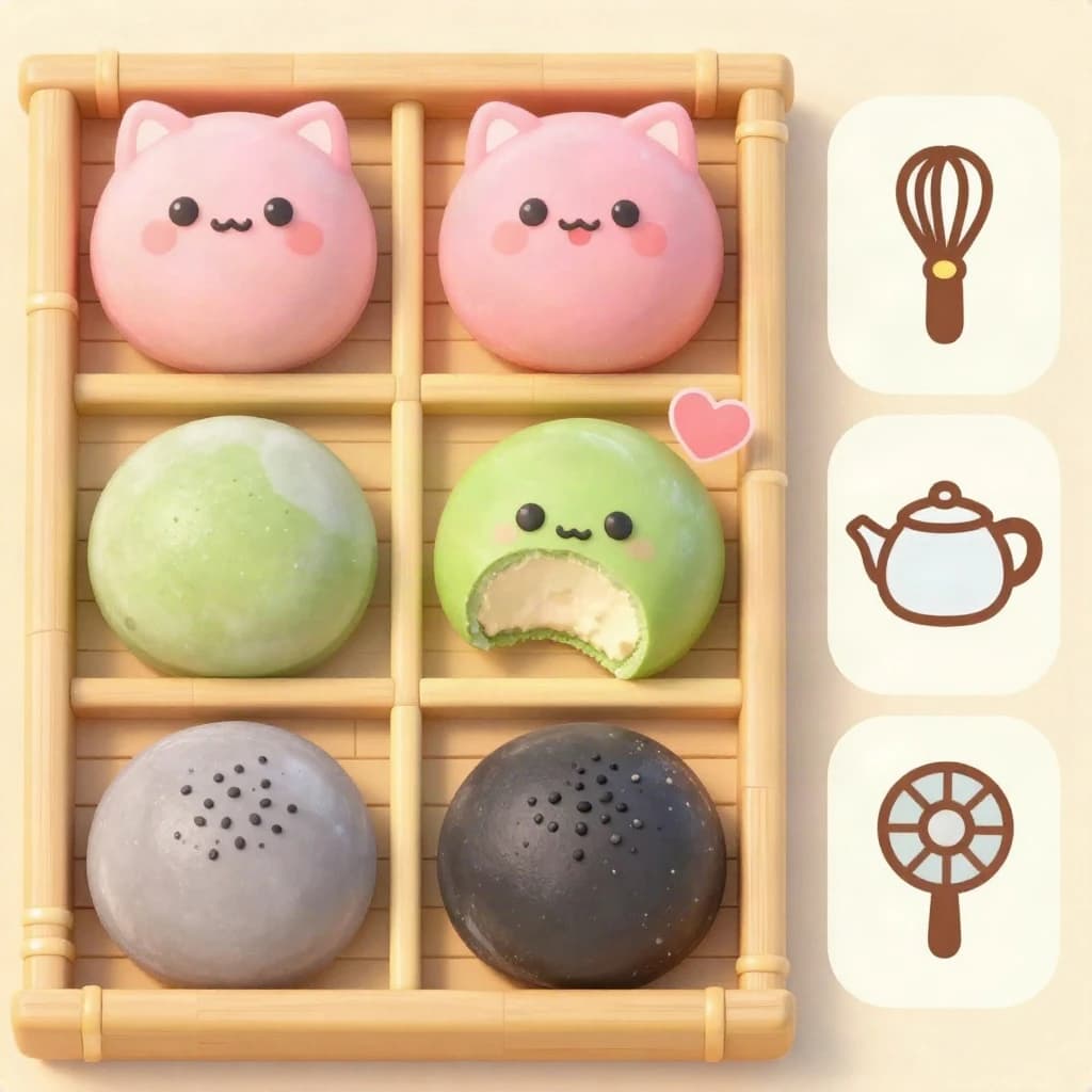 Match three board for a cozy sweets game, cute stylized 3D animation look. Nine mochi in a three by three grid on a bamboo tray: the top row strawberry pink, the middle row matcha green, the bottom row black sesame grey. The center green one has a bite taken out and a small heart icon floating above it. Two of the pink mochi wear tiny cat ears. To the right of the tray, a vertical strip of three power up icons, a whisk, a teapot and a fan. Soft pastel lighting, glossy dusted surfaces.
