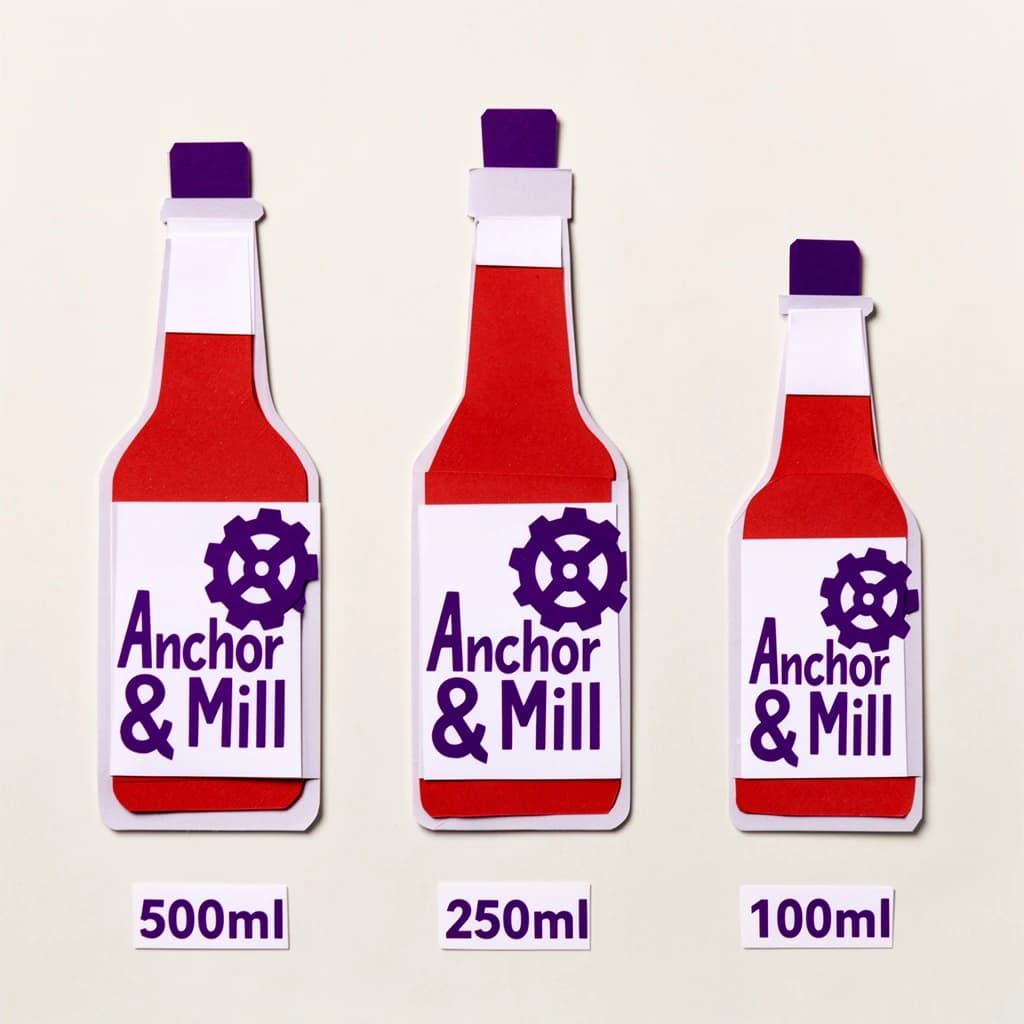 Cut-paper collage of the same hot-sauce bottle drawn in three sizes, captioned "500ml", "250ml" and "100ml", every size carrying the wordmark "Anchor & Mill" with a six-tooth gear mark beside it in the same purple-and-white coloring, only the bottle size changing.