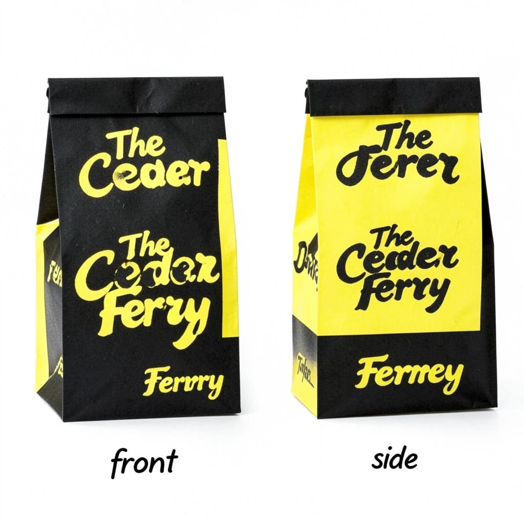 Cut-paper collage: one coffee bag in two views. The views are captioned "front" and "side" in that order. The wordmark "The Cedar Ferry" appears on every view. The black-and-yellow coloring is the same across every view, and only the angle changes.