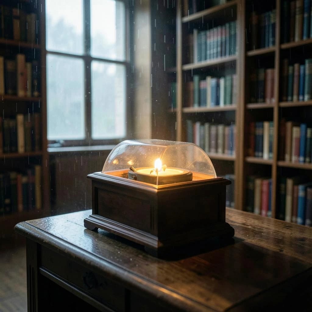 The quiet second when a music box takes on a thin rim of warm light, in a quiet library, in light rain.