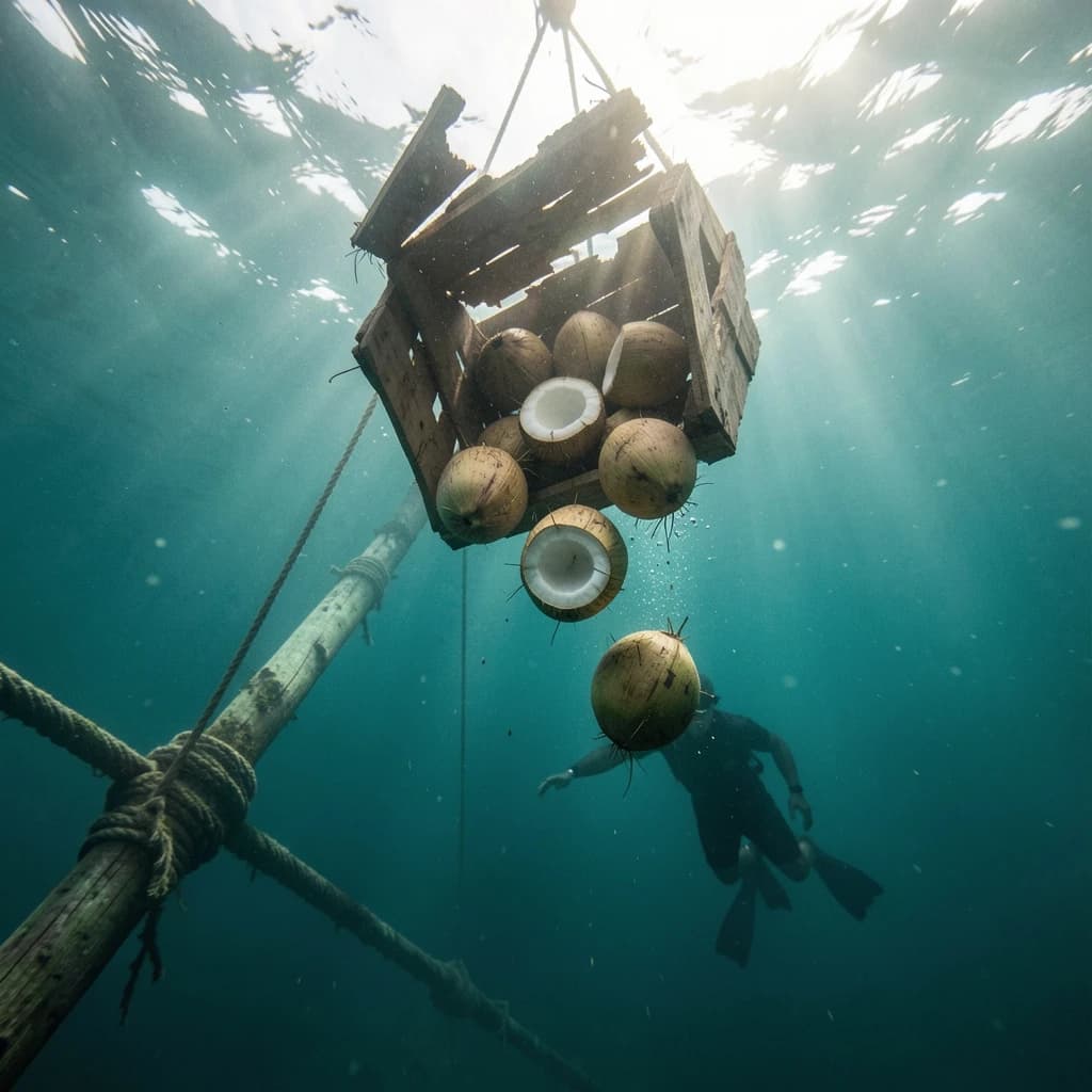 Underwater photography, film still from a castaway feature, shot from six metres down looking up toward the surface. A wooden crate has burst mid-sink: nine coconuts drift out of it, five still husked and pale brown, four split open and white, the split ones sinking faster than the whole ones. The crate hangs above them, lid half torn away, roped to a sunken mast that runs out of frame to the lower left. A swimmer silhouetted against the bright surface reaches down toward the nearest whole coconut, one fin missing. Blue green water column, sunbeams, drifting particles, natural light only.