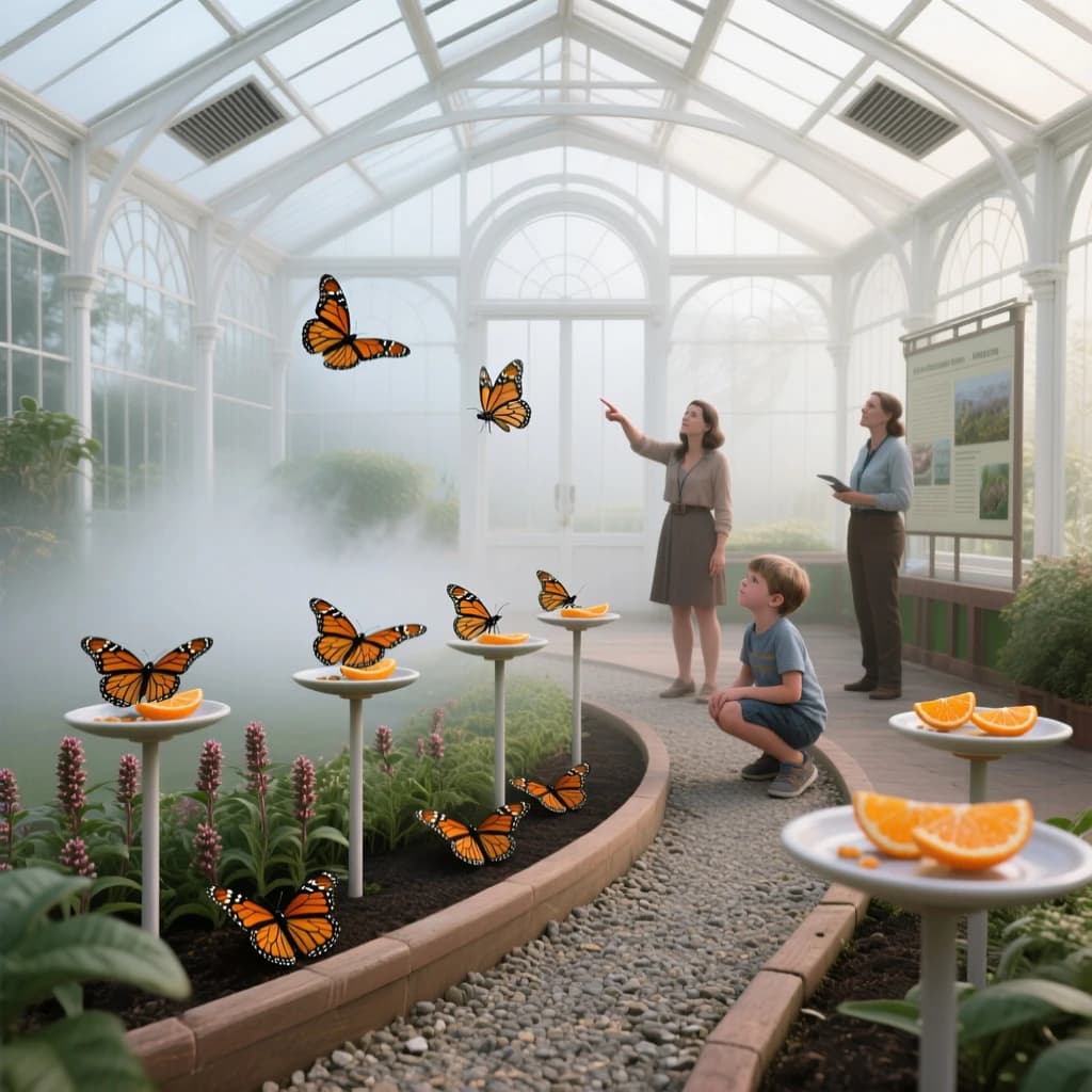 Interior render of a glasshouse butterfly conservatory, white cast iron arches and misted glass, humid morning light.
A raised planting bed spirals through the centre with a gravel path running around it. Five feeding stations on slim posts stand along the path, each holding a shallow dish of orange slices: monarch butterflies cluster on three of the dishes while two are untouched. Seven more monarchs rest on the milkweed in the bed and two are in flight above the path. Three visitors in the room, a child crouching at the nearest feeding station, an adult behind her pointing upward, and a guide standing at the far end beside an information board. Fine mist drifting near the roof vents. Physically based render.